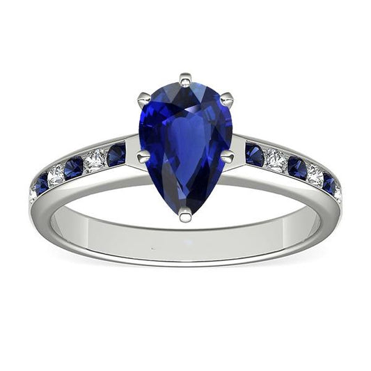 Pear Engagement Ring Channel Set Blue Sapphires & Diamonds 2 Carats