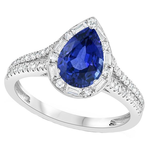 Pear Halo Blue Sapphire Ring Double Shank & Baguette Diamonds 5 Carats