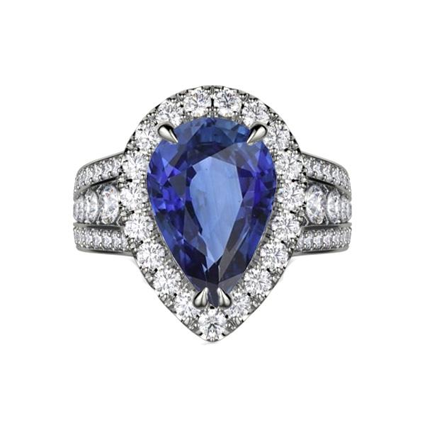 Pear Halo Engagement Blue Sapphire Ring Set & Diamonds 3 Carats