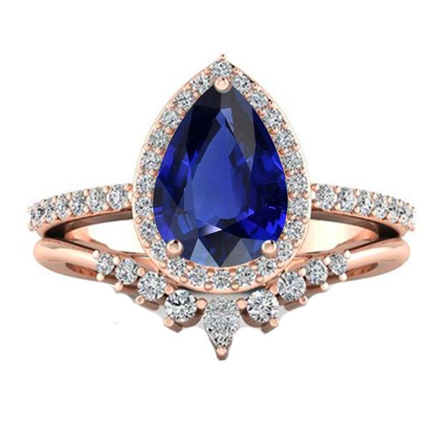 Pear Halo Wedding Ring Set Deep Blue Sapphire & Diamonds 4.50 Carats