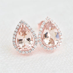 Pear Morganite With Round Diamonds 13.80 Ct Studs Earring Gold 14K