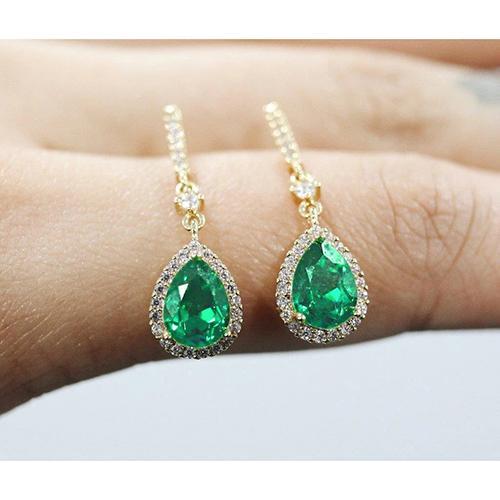 Pear Shaped Green Emerald Halo Diamond Dangle Earring 7 Carat YG 14K