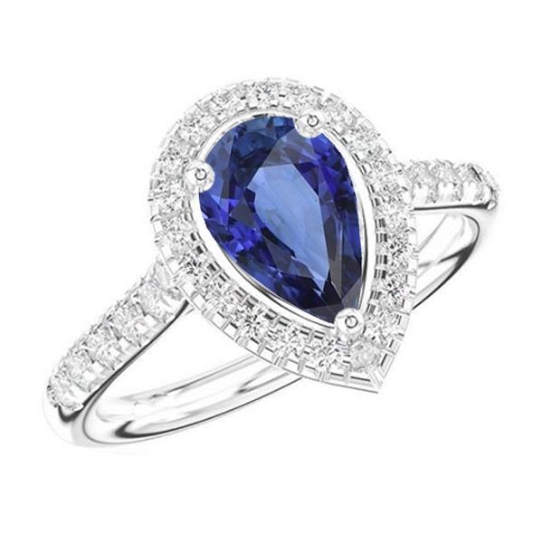 Pear Shaped Halo Ring Blue Sapphire & Diamonds 4 Carats