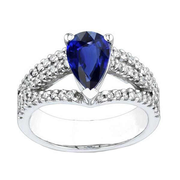 Pear Solitaire Blue Sapphire With Accents Ring Split Shank 3 Carats