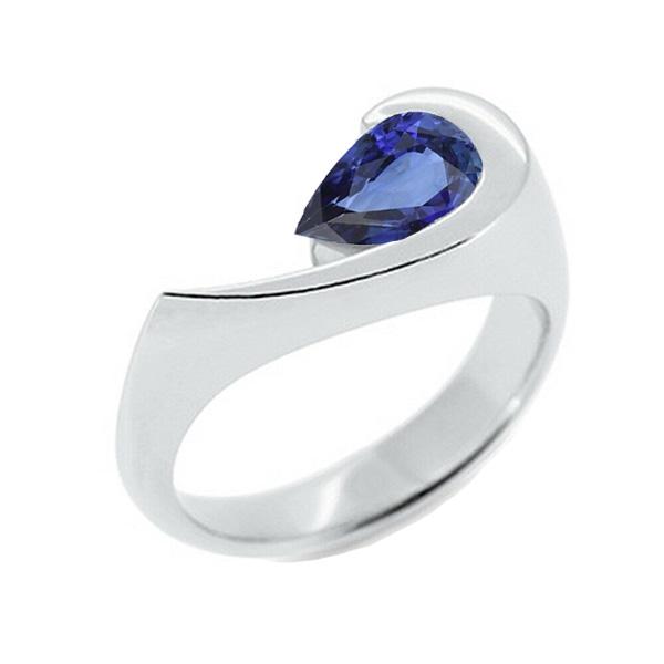 Pear Solitaire Ring Blue Sapphire 1 Carat Half Bezel Set White Gold