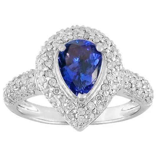 Pear Tanzanite Halo Pave Diamonds 4.40 Carat Fancy Ring WG 14K Jewelry