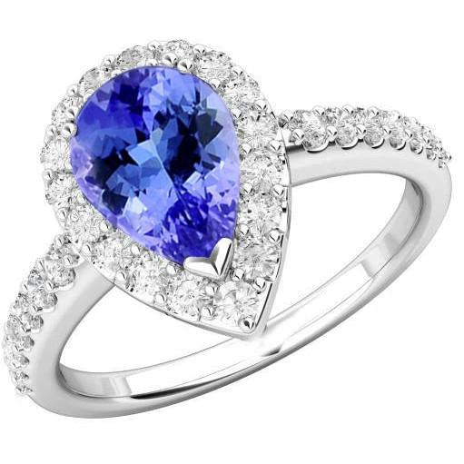 Pear Tanzanite With Round Diamonds 3.95 Carats Ring 14K White Gold