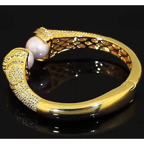 Pearl Diamond Bangle 10 Mm 5 Carats Women Yellow Gold 14K