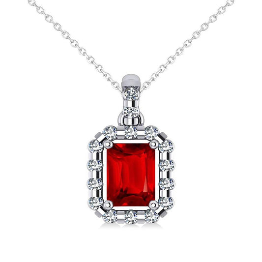 Pendant Necklace 14K Emerald Cut Ruby With Round Diamonds 5.60 Ct