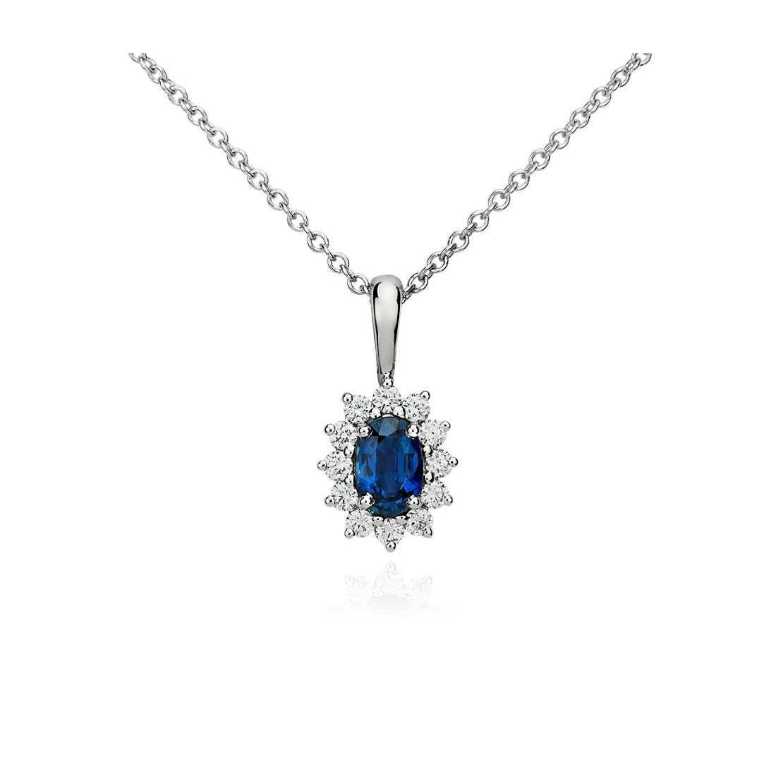 Pendant Necklace Ceylon Sapphire With Diamonds 3.20 Ct White Gold 14K