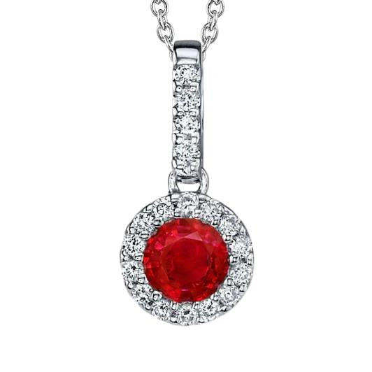 Pendant Necklace Round Cut 6.80 Ct. Ruby And Diamonds Gold White 14K
