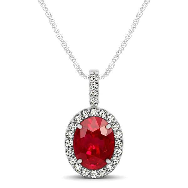 Pendant Necklace With Chain 4.50 Ct. Ruby And Diamonds White Gold 14K