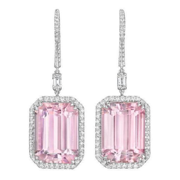 Pink Kunzite And Diamonds 22.50 Ct Lady Dangle Earrings White Gold 14K