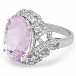 Pink Kunzite And Natural Earth Mined Diamonds 32 Ct Anniversary Ring White Gold 14K