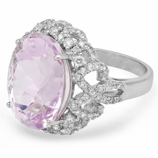 Pink Kunzite And Diamonds 32 Ct Anniversary Ring White Gold 14K