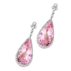 Pink Kunzite Natural Earth Mined Diamond Dangle Women Earring White Gold 14K 37 Ct
