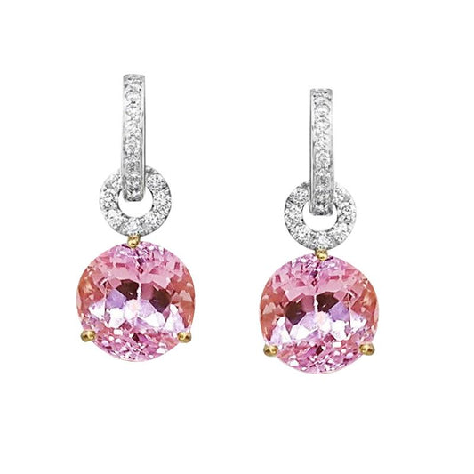 Pink Kunzite With Diamond Dangle Woman Earrings 21 Ct Two Tone Gold 14K