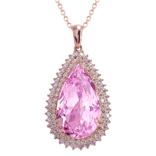 Pink Kunzite With Diamonds 25.35 Ct Pendant Necklace Rose Gold 14K