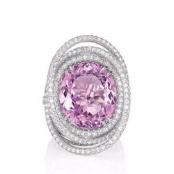 Pink Oval Kunzite Natural Earth Mined Diamond Fancy Ring 34 Carats White Gold 14K Jewellery