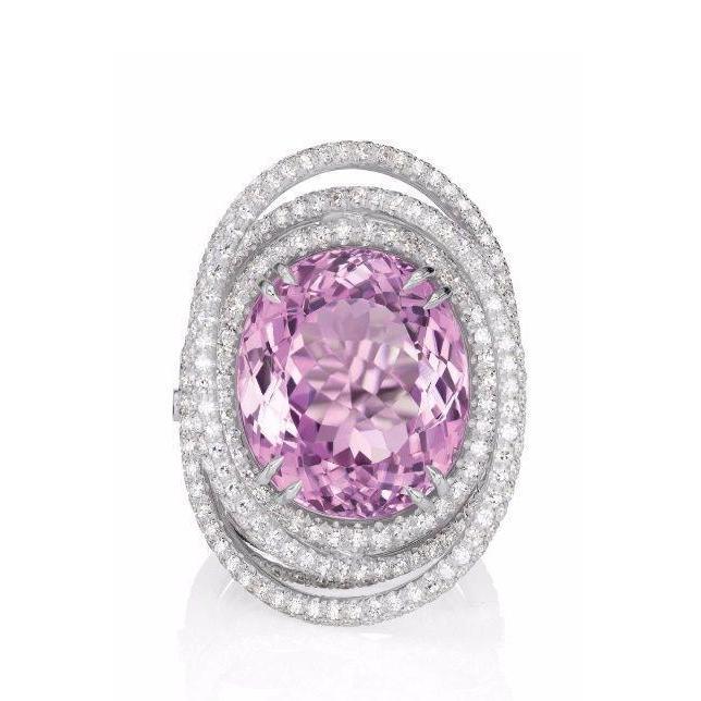 Pink Oval Kunzite Diamond Fancy Ring 34 Carats White Gold 14K Jewelry