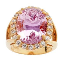 Pink Oval Kunzite With Natural Earth Mined Diamond Wedding Ring 25.75 Carats Yellow Gold