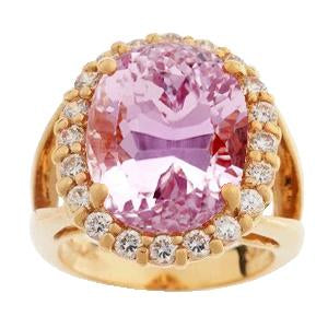 Pink Oval Kunzite With Diamond Wedding Ring 25.75 Carats Yellow Gold