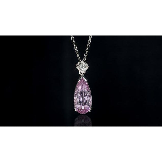 Pink Pear Cut Kunzite And Diamond Necklace Pendant 16.25 Carats New