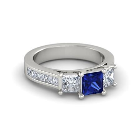 Princess Cut 3.50 Ct Ceylon Sapphire And Diamonds Ring White Gold 14K