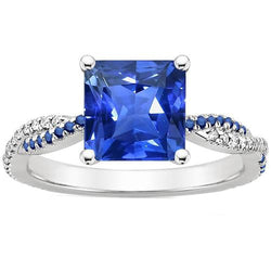 Princess Cut Blue Sapphire & Diamond Engagement Ring 4.70 Carats Gold