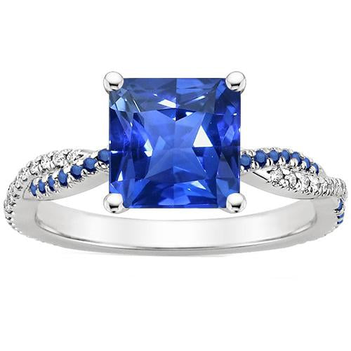 Princess Cut Blue Sapphire & Diamond Engagement Ring 4.70 Carats Gold
