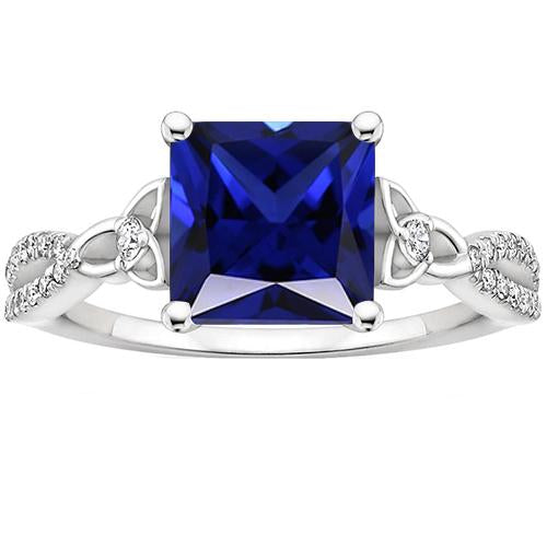 Princess Cut Blue Sapphire Diamond Ring Gold Twisted Shank 4 Carats