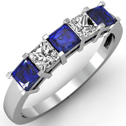 Princess Cut Ceylon Sapphire Natural Earth Mined Diamonds 5 Stone Ring 1.75 Ct