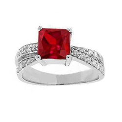Princess Cut Red Ruby With Natural Earth Mined Diamonds 4.10 Ct. Ring White Gold 14K