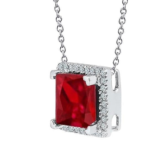 Princess Cut Ruby With Round Diamonds 8 Ct. Pendant Necklace Gold 14K