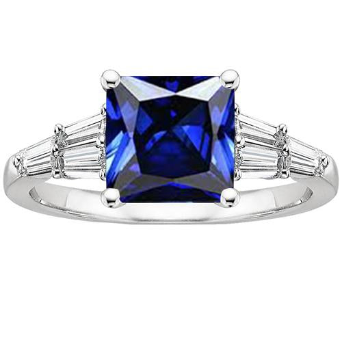 Princess Cut Sapphire Ring With Tapered Baguettes 4.50 Carats Gold 14K