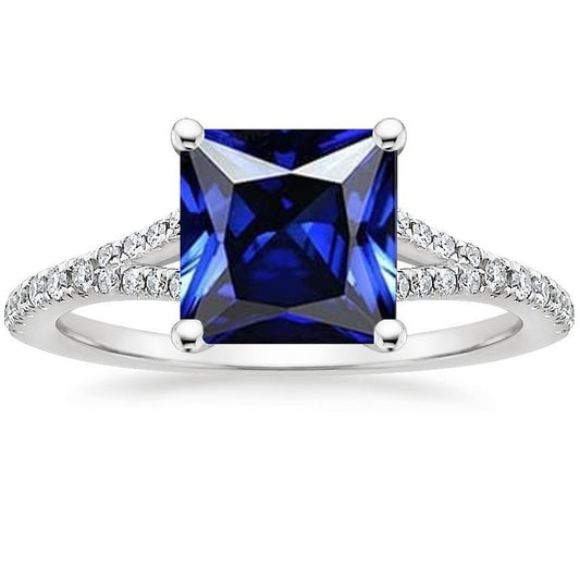 Princess Cut Solitaire Gemstone Ring With Pave Diamond Accents 6 Carat