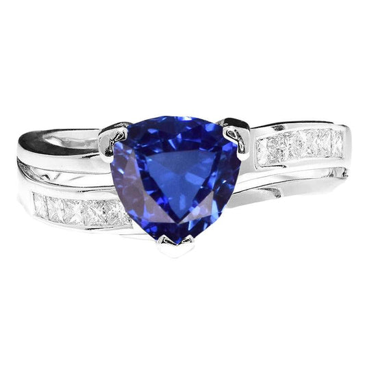 Princess Diamond Trillion Sapphire Ring 2.50 Carats White Gold 14K