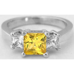 Princess Natural Earth Mined Diamond Yellow Sapphire Ring 5 Carat 3 Stone White Gold 14K