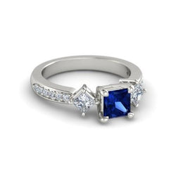 Princess Round Natural Earth Mined Diamond Ceylon Sapphire Ring 2.50 Carats White Gold 14K