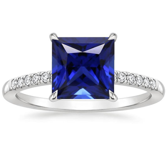 Princess Solitaire Accents Ring Blue Sapphire and Diamond 5.5 Carats