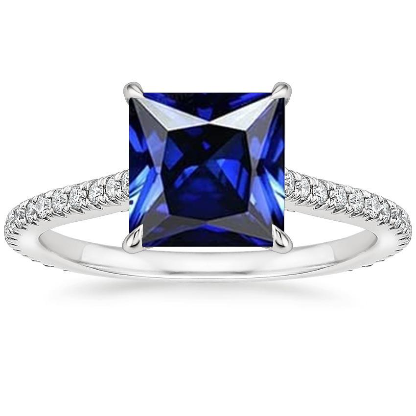 Princess Solitaire Ring 6 Carats Ceylon Sapphire With Pave Set Accents