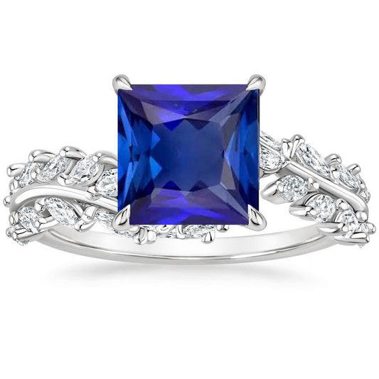 Princess Solitaire Ring Blue Sapphire With Diamond Accents 6 Carats