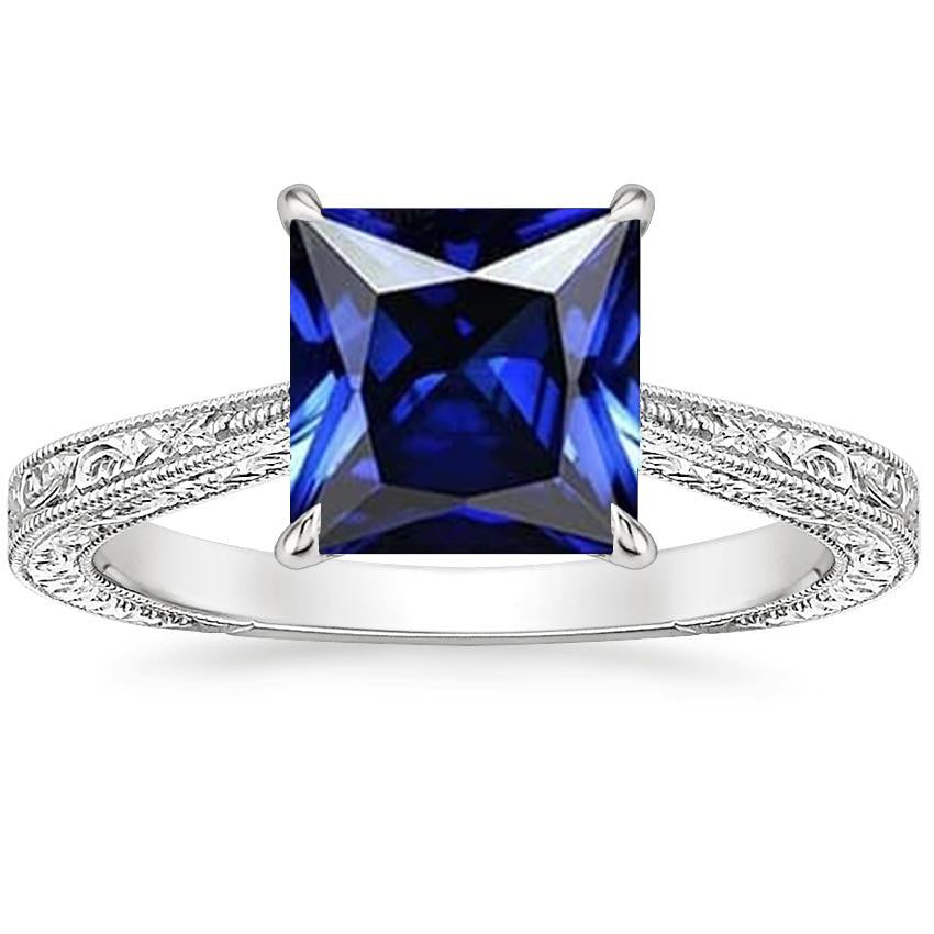 Princess Solitaire Ring Vintage Style Blue Sapphire 5 Carat White Gold