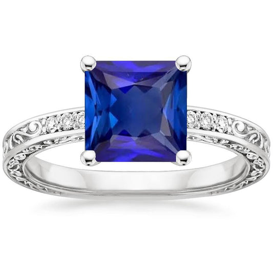 Princess Solitaire Ring With Accents Blue Sapphire Filigree 5.50 Carat