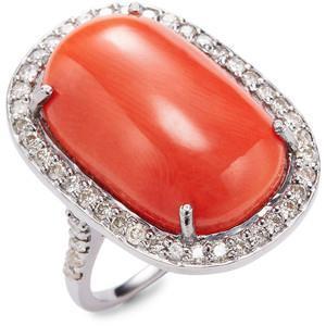 Prong Set 14 Carats Oval Red Coral With Round Diamond Ring