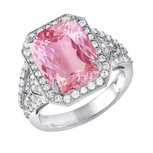 Prong Set 18.35 Carats Pink Kunzite With Diamonds Ring White Gold