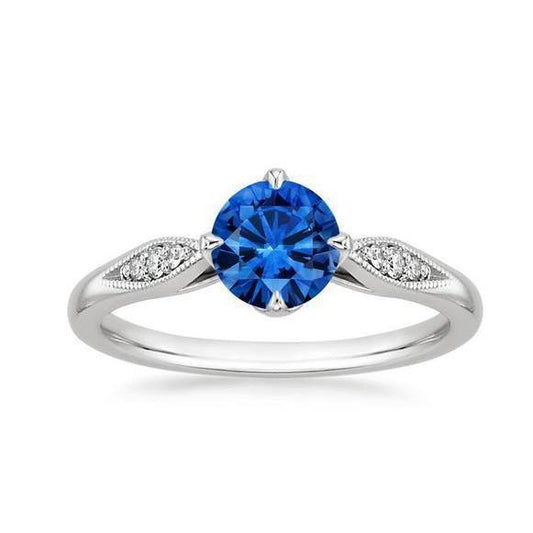 Prong Set 2.40 Carats Round Cut Ceylon Sapphire & Diamonds Ring WG 14K