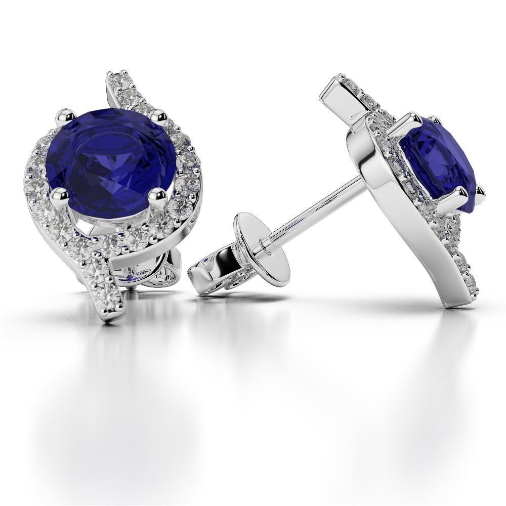 Prong Set 5.20 Carats Round Cut Sapphire With Diamonds Stud Earrings