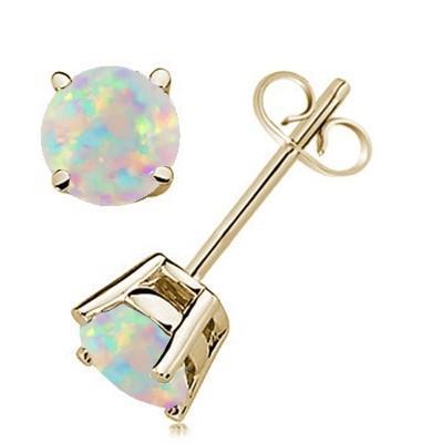 Prong Set Brilliant Cut 10 Ct Opal Studs Earrings 14K Yellow Gold