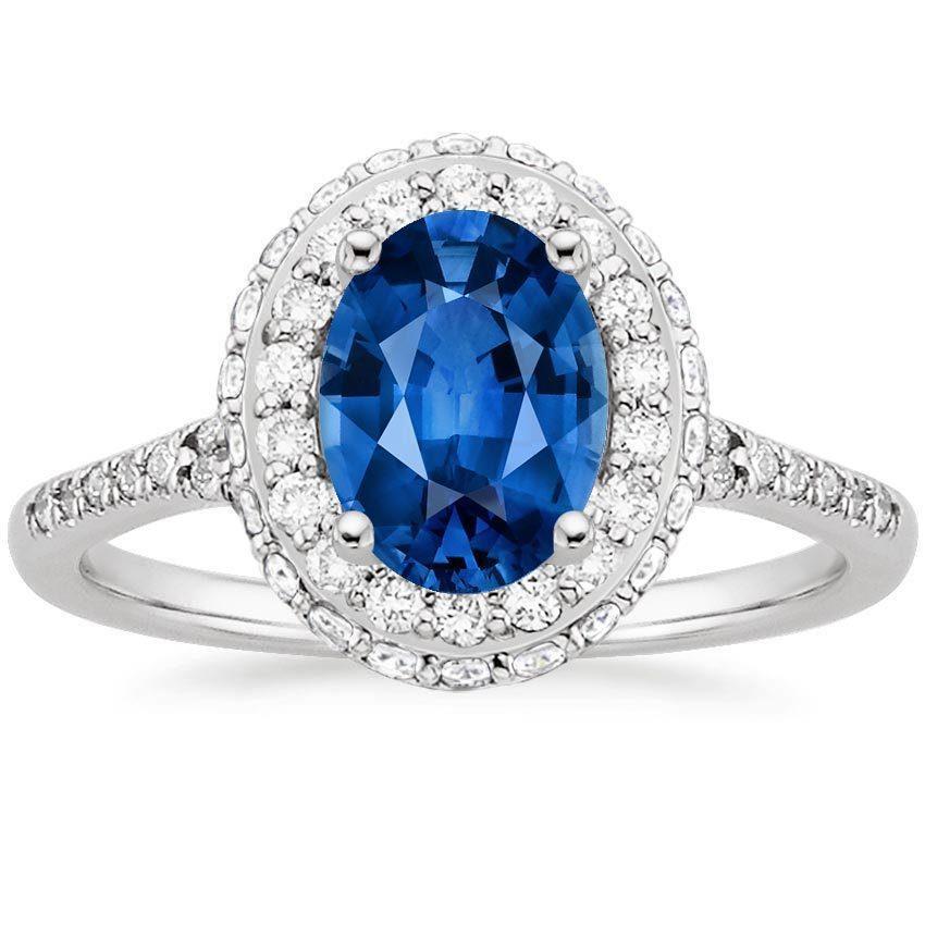 Prong Set Halo Sapphire And Diamonds 3.70 Carats Ring White Gold 14K